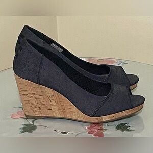 Toms Stella Denim Peep-toe Wedge Shoes Size 7.5
